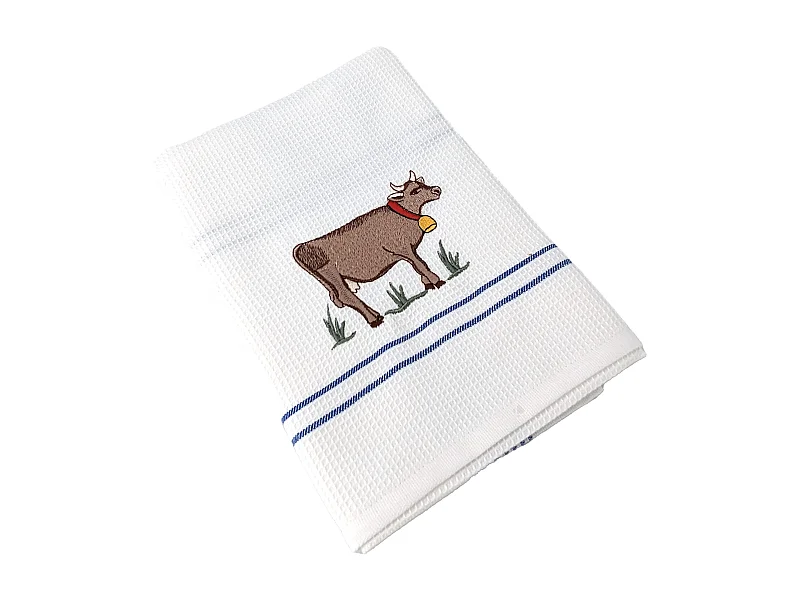 Torchon de cuisine 50x70 cm WAFFLE BRODÉ coton bleu broderie vache