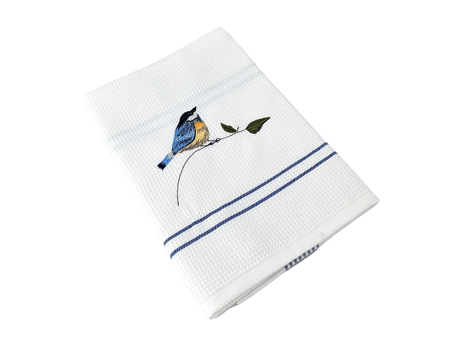 Torchon de cuisine 50x70 cm WAFFLE BRODÉ coton bleu broderie oiseaux