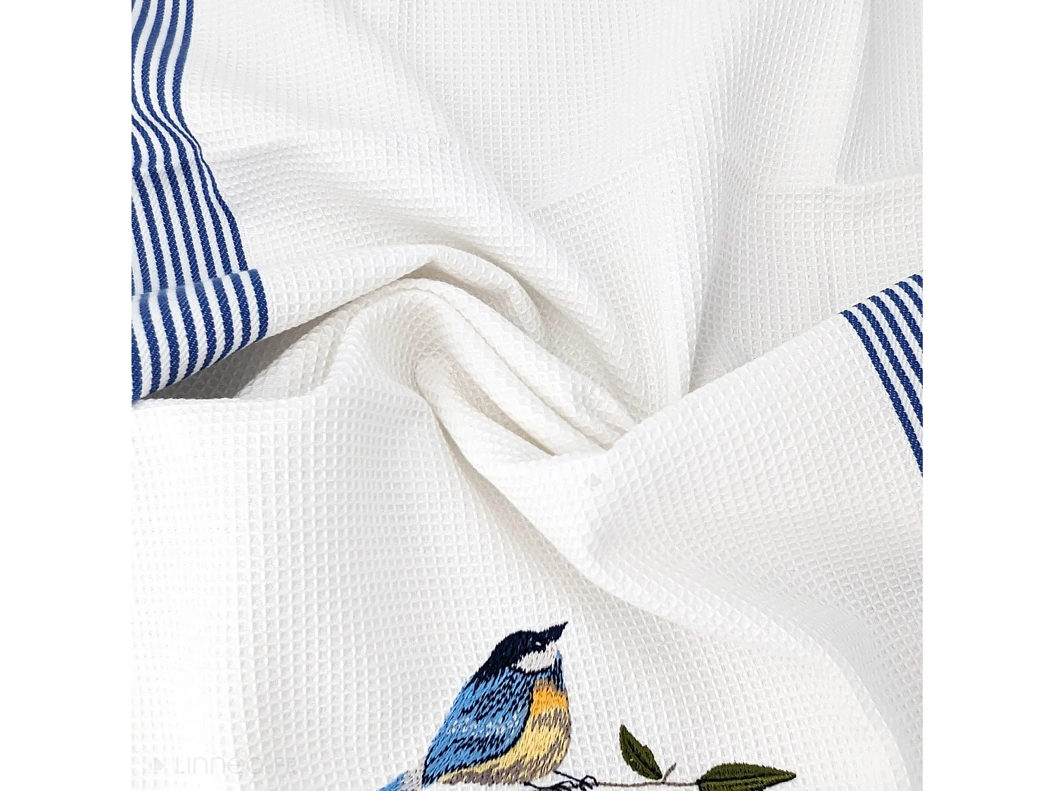 Torchon de cuisine 50x70 cm WAFFLE BRODÉ coton bleu broderie oiseaux