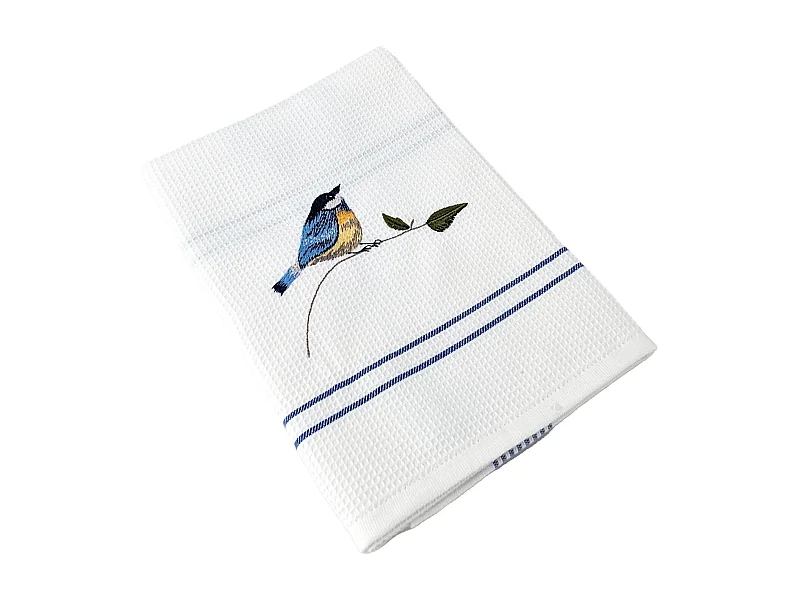 Torchon de cuisine 50x70 cm WAFFLE BRODÉ coton bleu broderie oiseaux