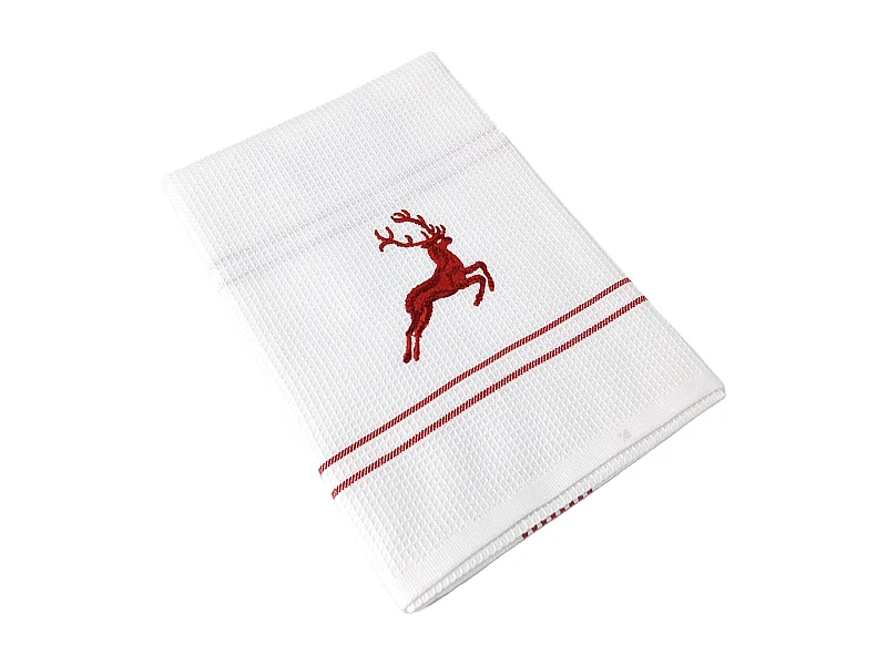 Torchon de cuisine 50x70 cm WAFFLE BRODÉ coton rouge broderie cerf