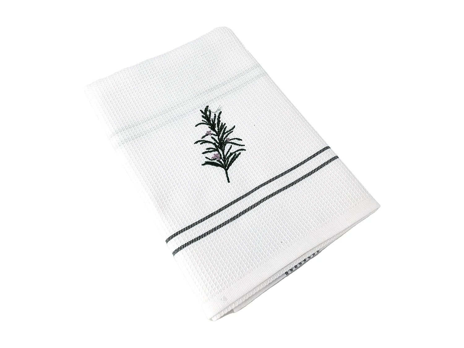 Torchon de cuisine 50x70 cm WAFFLE BRODÉ coton vert broderie romarin