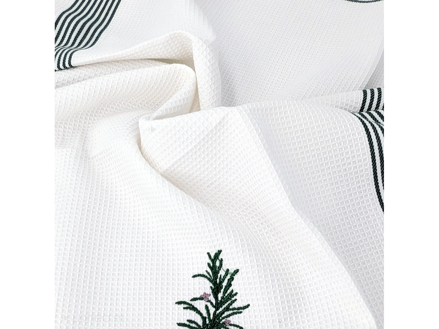 Torchon de cuisine 50x70 cm WAFFLE BRODÉ coton vert broderie romarin