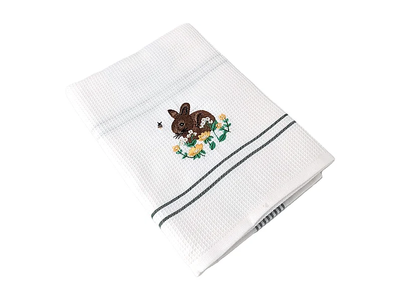 Torchon de cuisine 50x70 cm WAFFLE BRODÉ coton vert broderie lapin