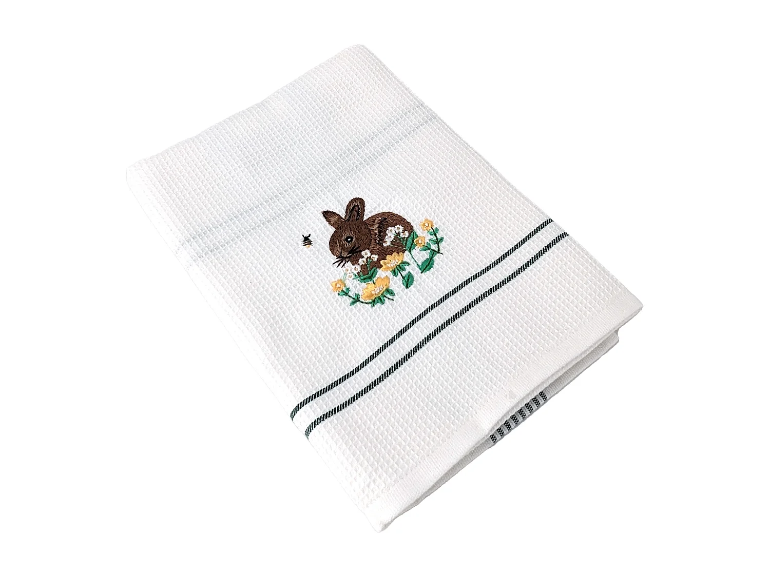 Torchon de cuisine 50x70 cm WAFFLE BRODÉ coton vert broderie lapin