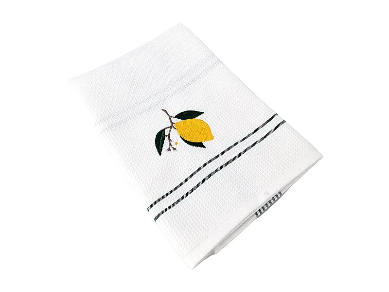 Torchon de cuisine 50x70 cm WAFFLE BRODÉ coton vert broderie citron
