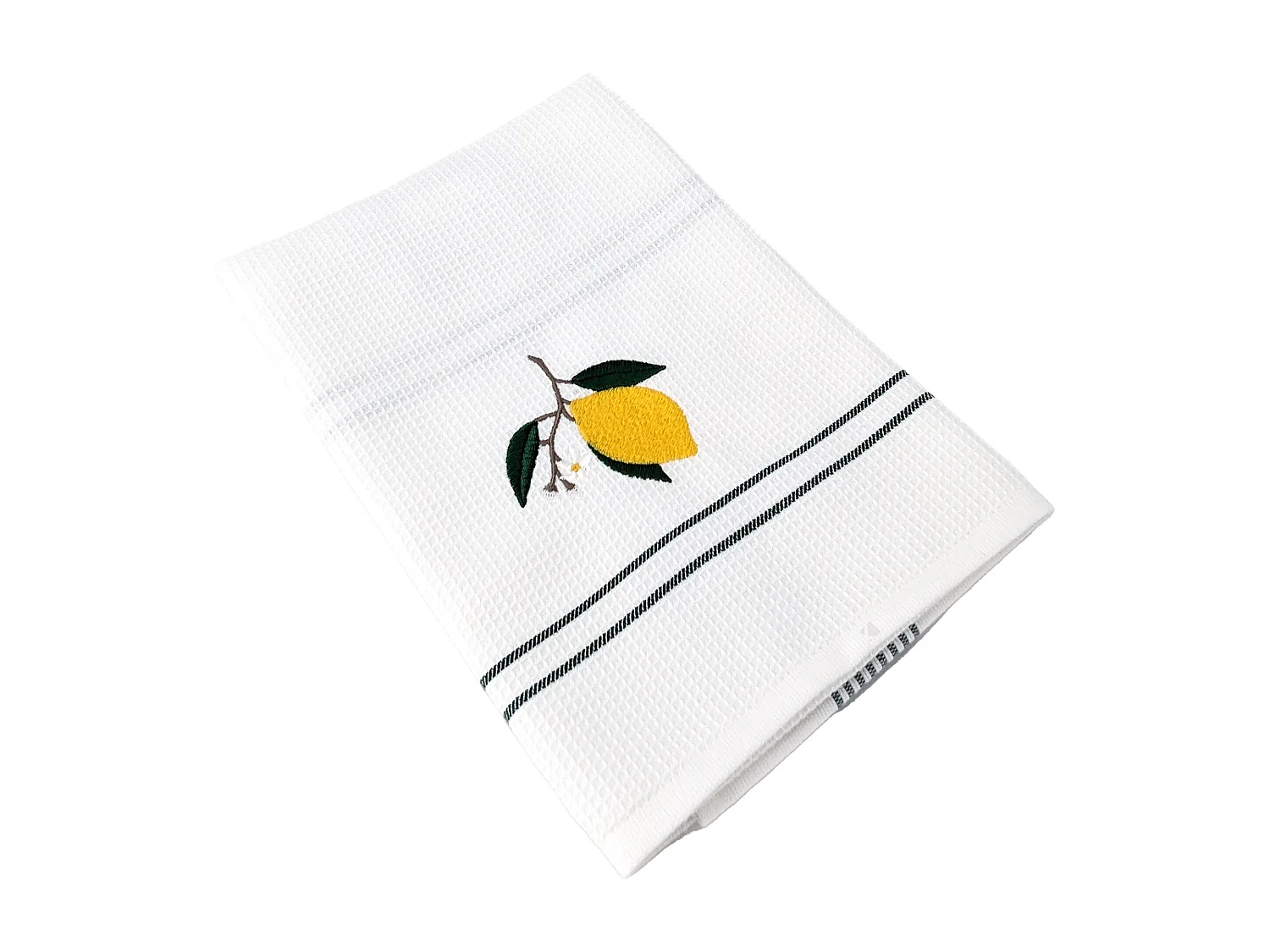 Torchon de cuisine 50x70 cm WAFFLE BRODÉ coton vert broderie citron