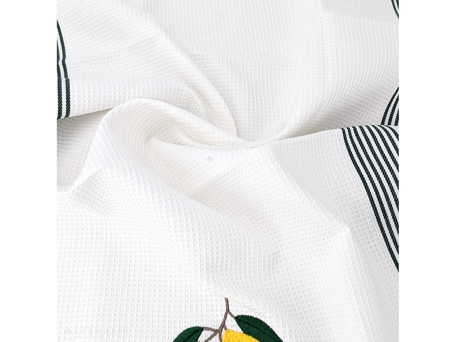 Torchon de cuisine 50x70 cm WAFFLE BRODÉ coton vert broderie citron