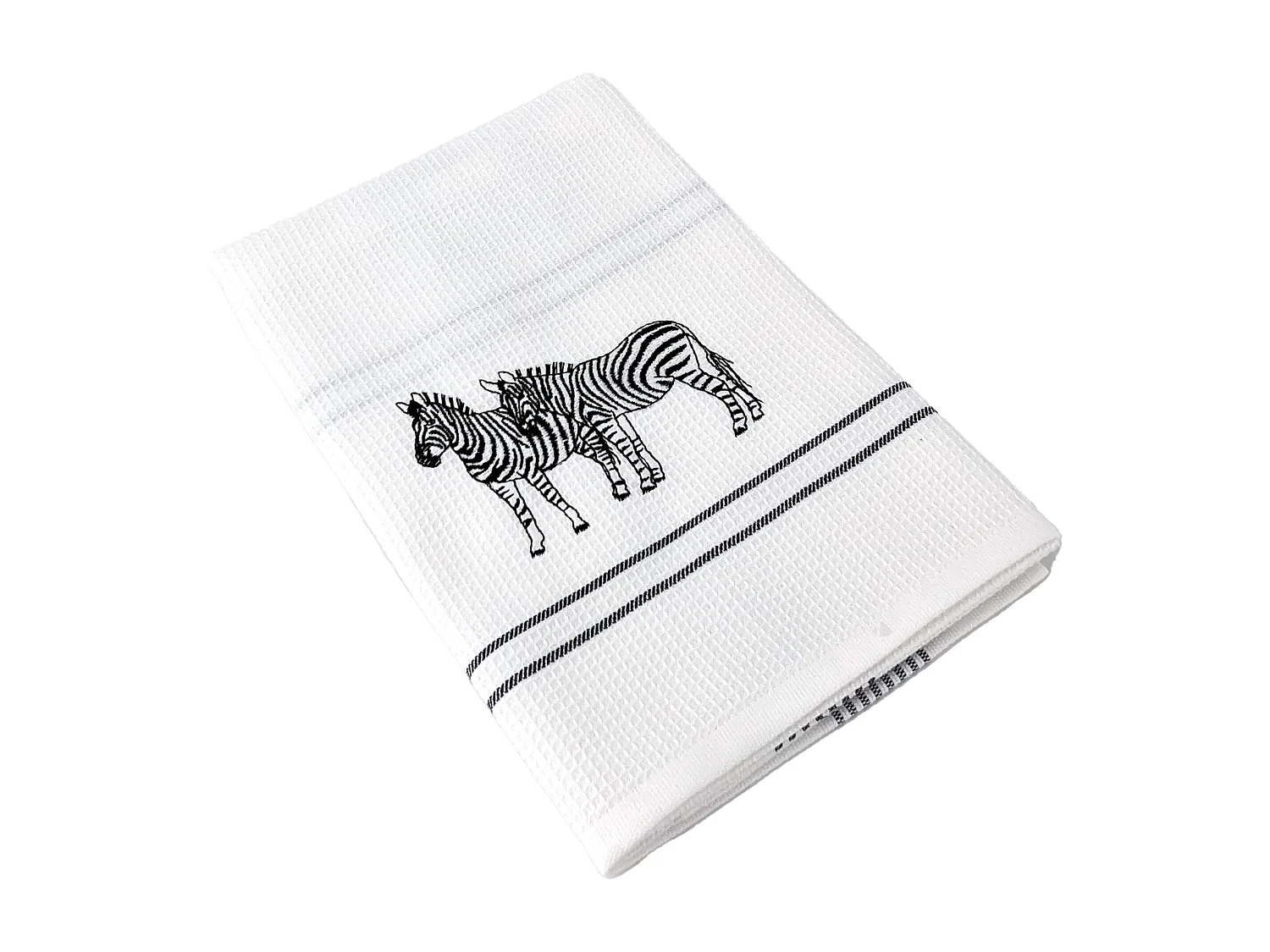 Torchon de cuisine 50x70 cm WAFFLE BRODÉ coton gris broderie zèbres