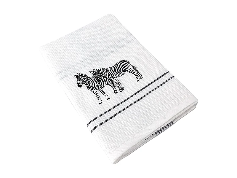 Torchon de cuisine 50x70 cm WAFFLE BRODÉ coton gris broderie zèbres