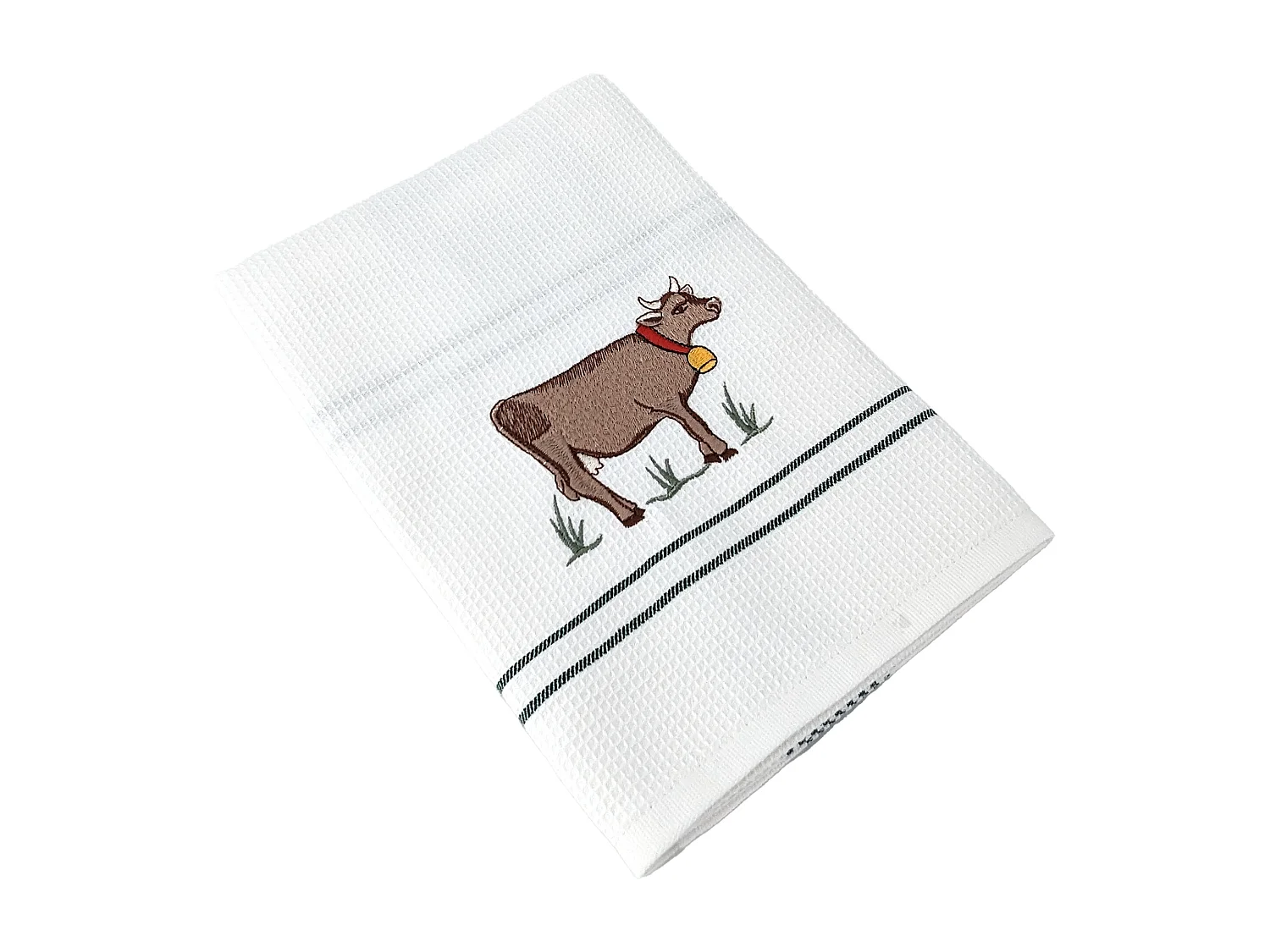 Torchon de cuisine 50x70 cm WAFFLE BRODÉ coton vert broderie vache