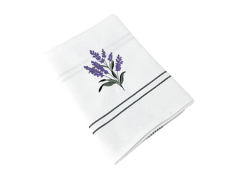 Torchon de cuisine 50x70 cm WAFFLE BRODÉ coton vert broderie lavande