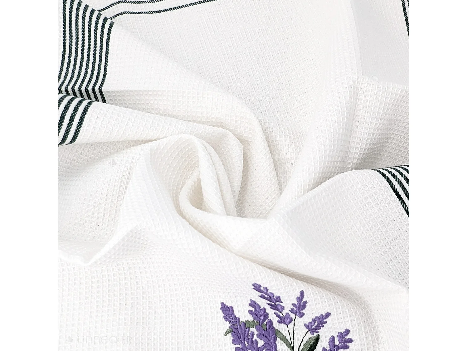 Torchon de cuisine 50x70 cm WAFFLE BRODÉ coton vert broderie lavande