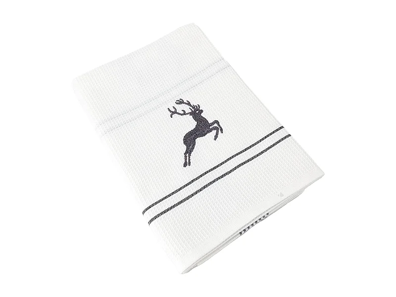 Torchon de cuisine 50x70 cm WAFFLE BRODÉ coton gris broderie cerf