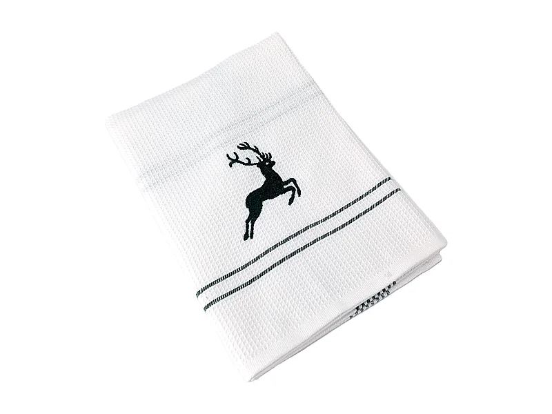 Torchon de cuisine 50x70 cm WAFFLE BRODÉ coton vert broderie cerf