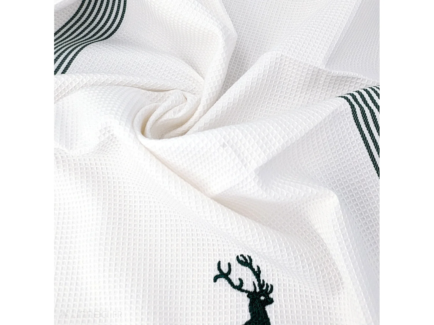 Torchon de cuisine 50x70 cm WAFFLE BRODÉ coton vert broderie cerf