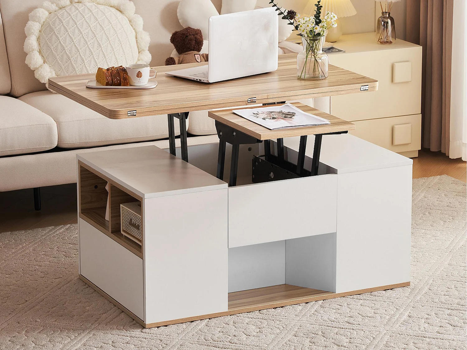 Multifunktionaler hochklappbarer Couchtisch – 2 Paneele, 2 Schubladen, 2 Fächer – Weiß und helles Natur