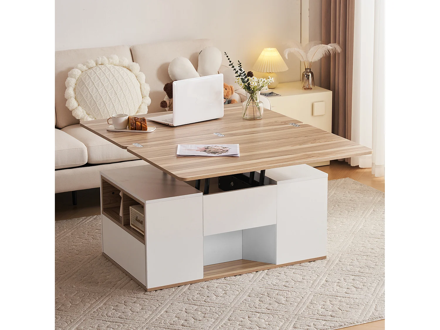 Multifunktionaler hochklappbarer Couchtisch – 2 Paneele, 2 Schubladen, 2 Fächer – Weiß und helles Natur