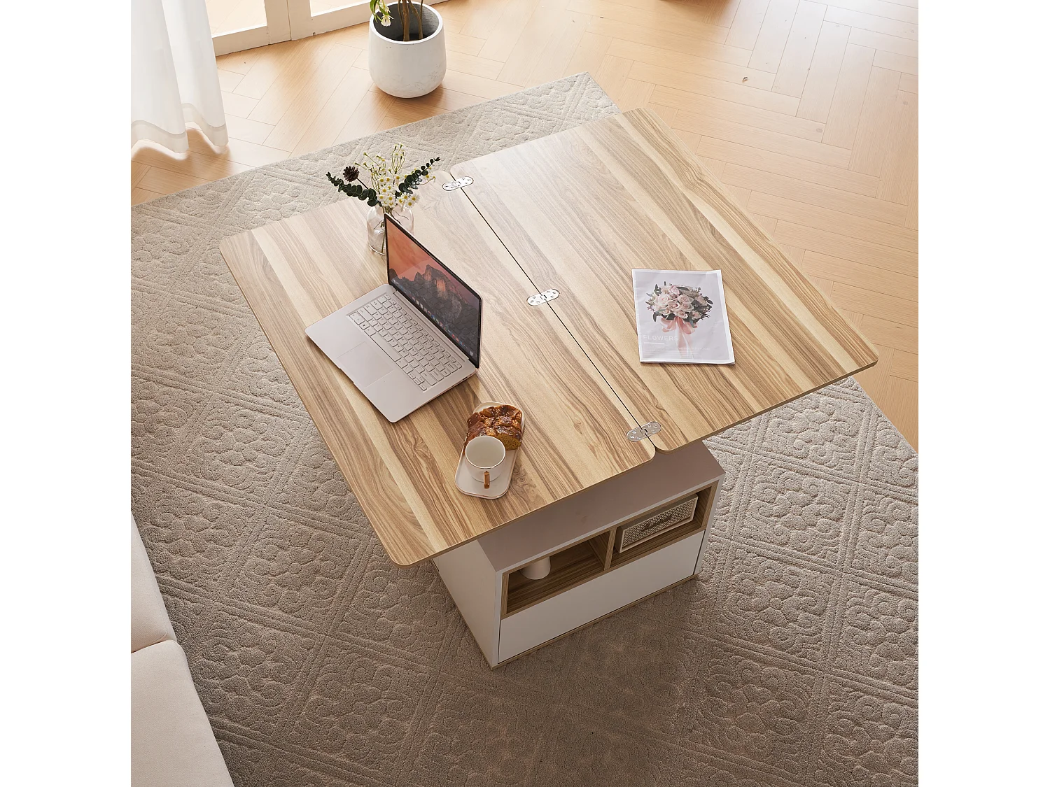 Multifunktionaler hochklappbarer Couchtisch – 2 Paneele, 2 Schubladen, 2 Fächer – Weiß und helles Natur