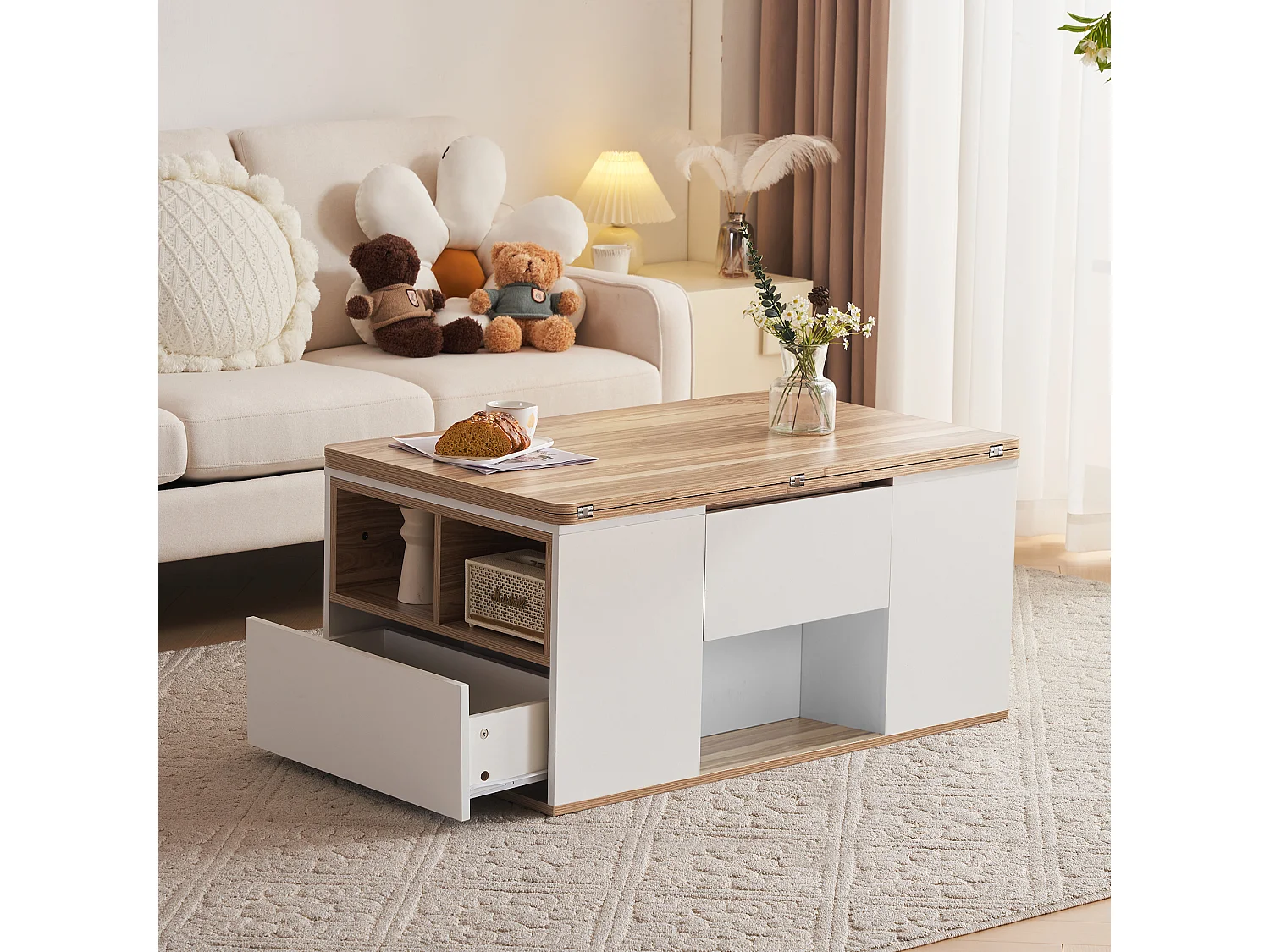 Multifunktionaler hochklappbarer Couchtisch – 2 Paneele, 2 Schubladen, 2 Fächer – Weiß und helles Natur