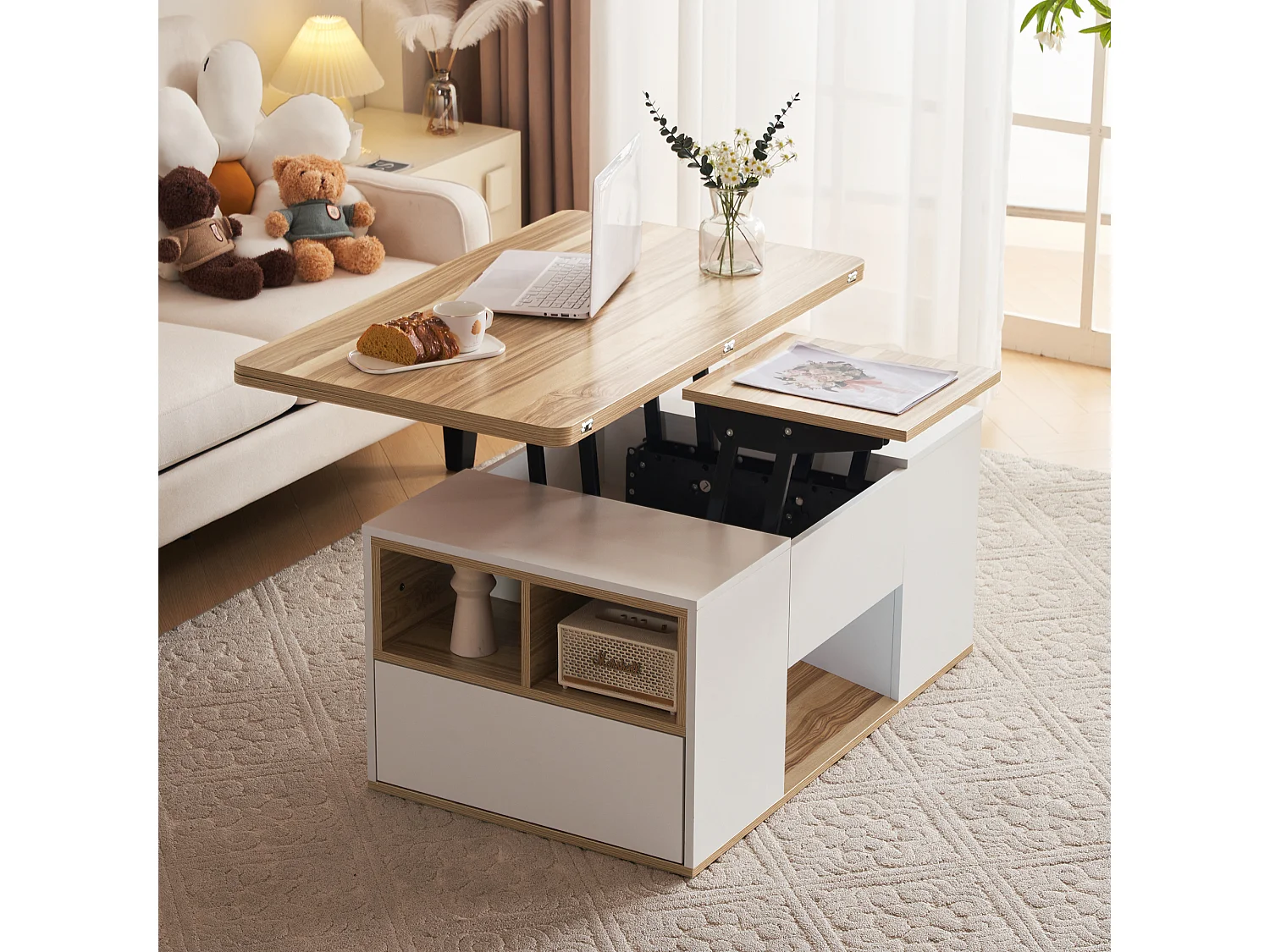 Multifunktionaler hochklappbarer Couchtisch – 2 Paneele, 2 Schubladen, 2 Fächer – Weiß und helles Natur