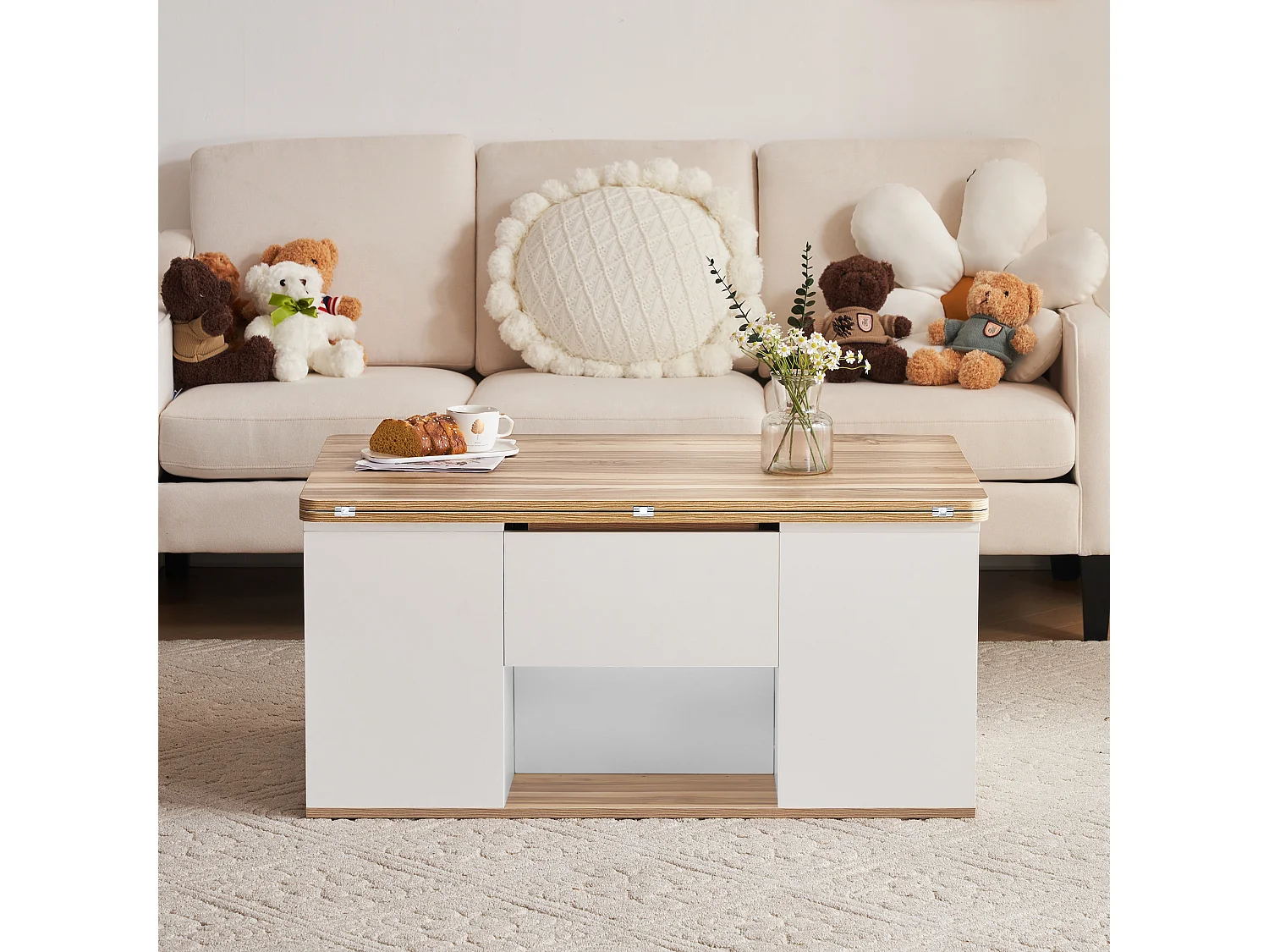 Multifunktionaler hochklappbarer Couchtisch – 2 Paneele, 2 Schubladen, 2 Fächer – Weiß und helles Natur