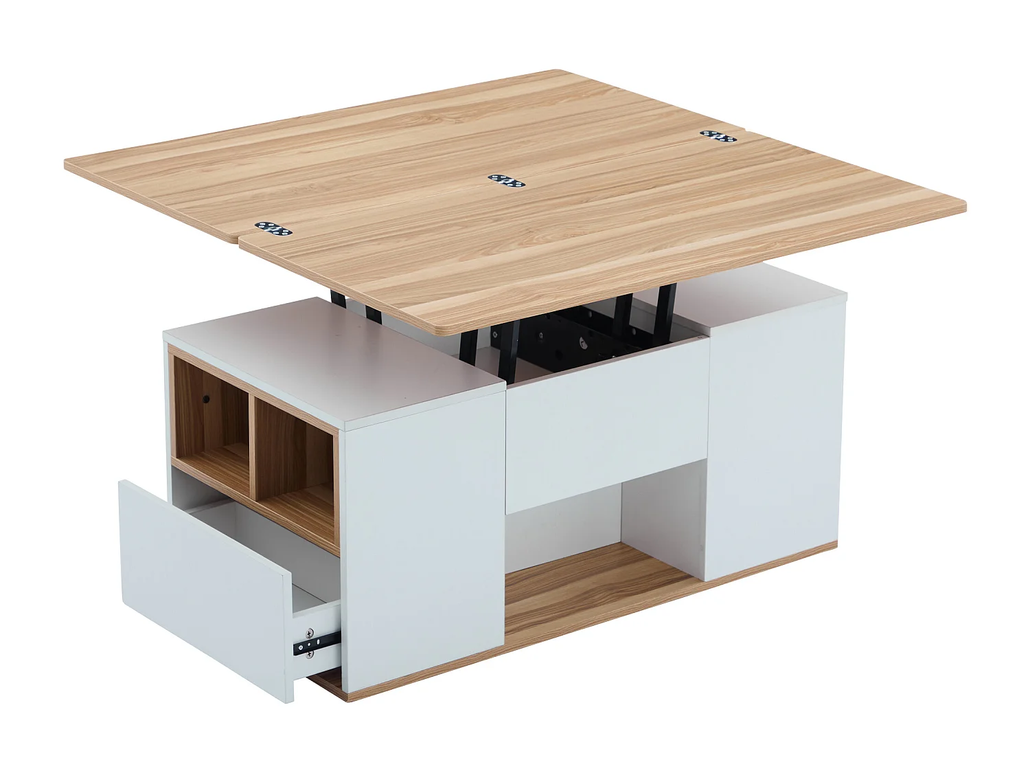 Multifunktionaler hochklappbarer Couchtisch – 2 Paneele, 2 Schubladen, 2 Fächer – Weiß und helles Natur