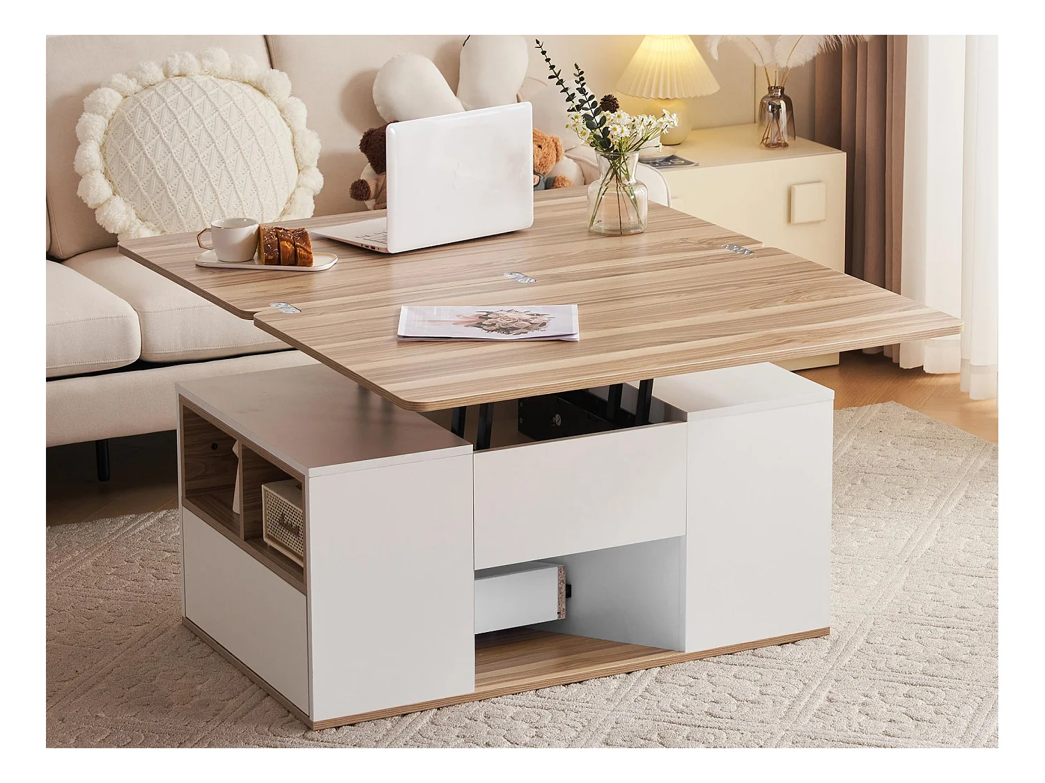 Table basse multifonctionnelle relevable - 2 panneaux 2 tiroirs 2 compartiments - Blanc & Naturel clair