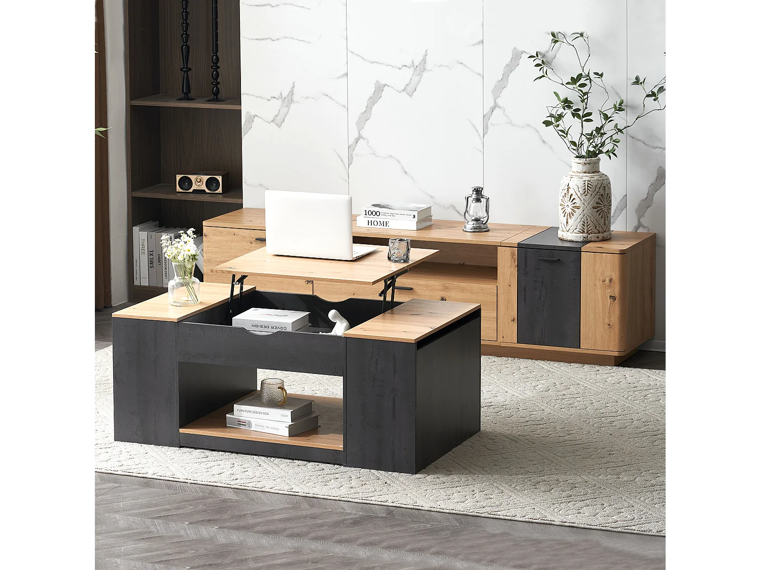 Table basse relevable en MDF - avec espace de rangement sous la table - Gris