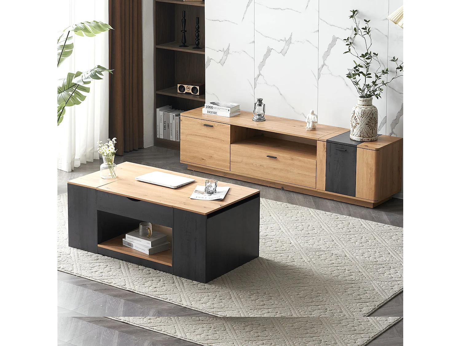 Table basse relevable en MDF - avec espace de rangement sous la table - Gris