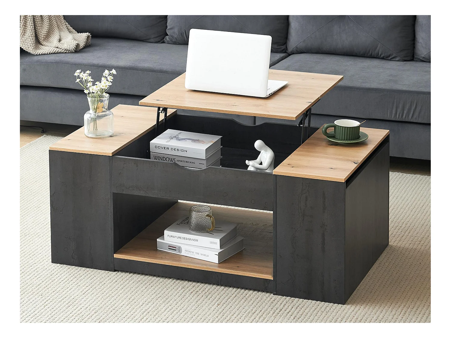 Table basse relevable en MDF - avec espace de rangement sous la table - Gris