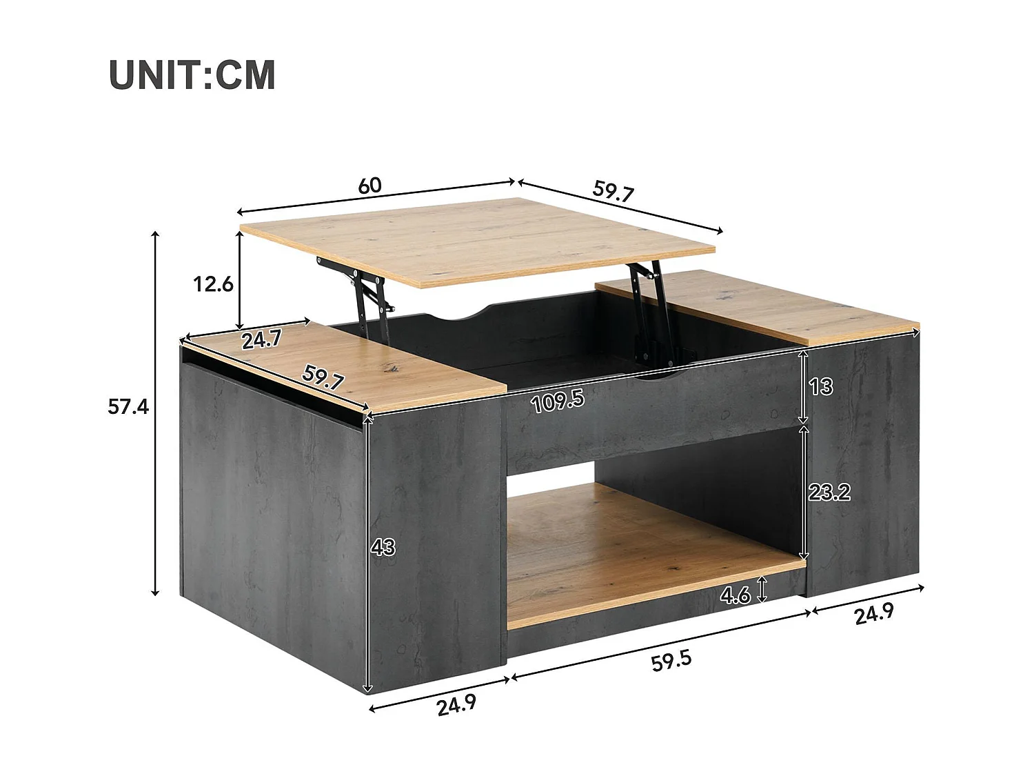 Table basse relevable en MDF - avec espace de rangement sous la table - Gris