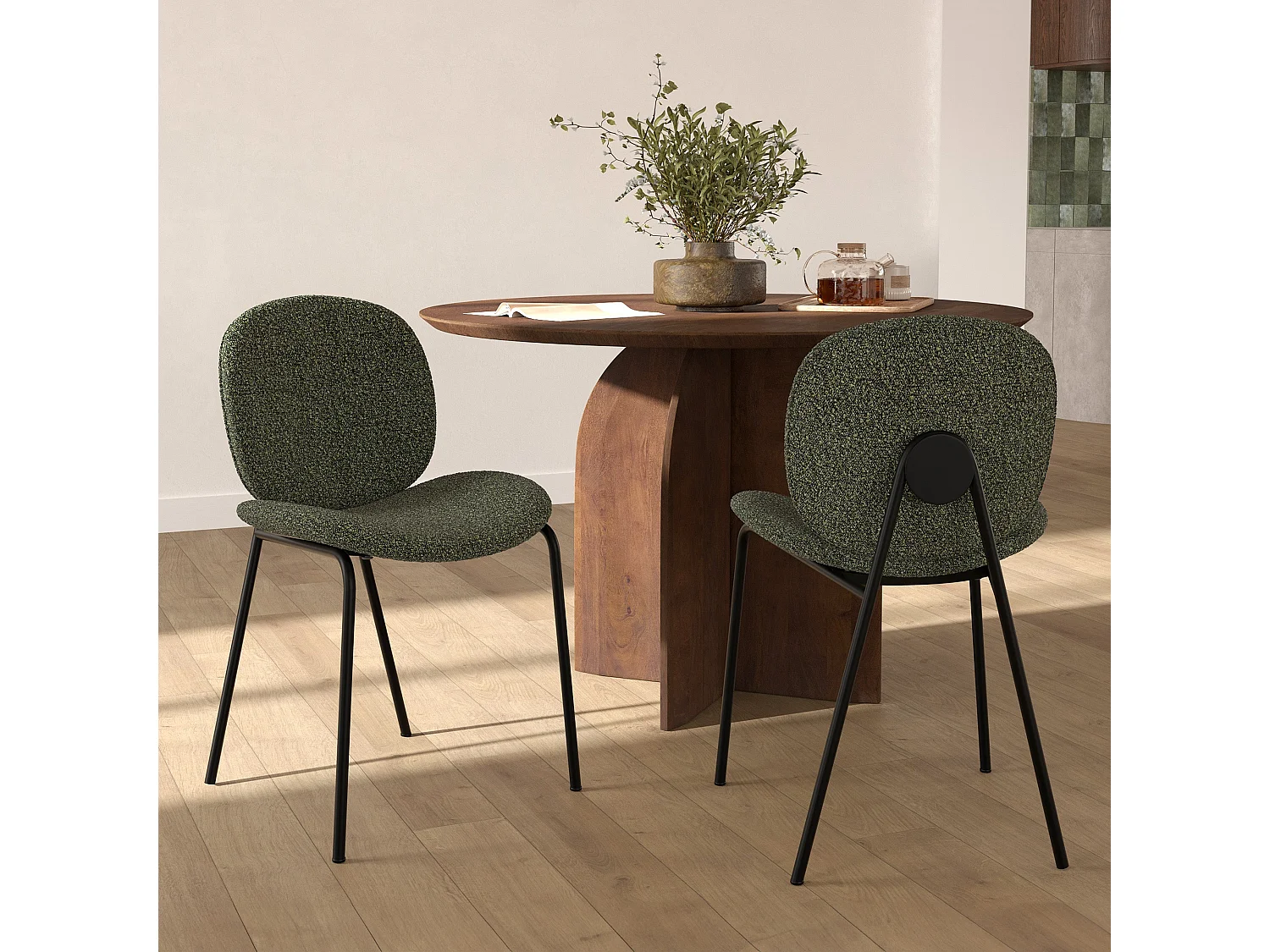 Lot de 2 chaises en tissu bouclé vert et pieds en métal noir - Iris