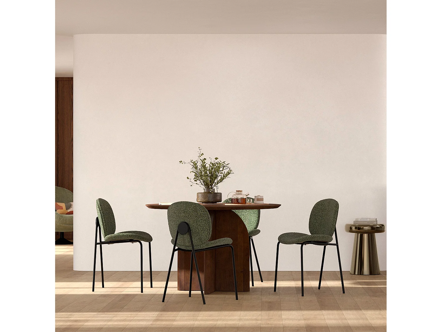 Lot de 2 chaises en tissu bouclé vert et pieds en métal noir - Iris