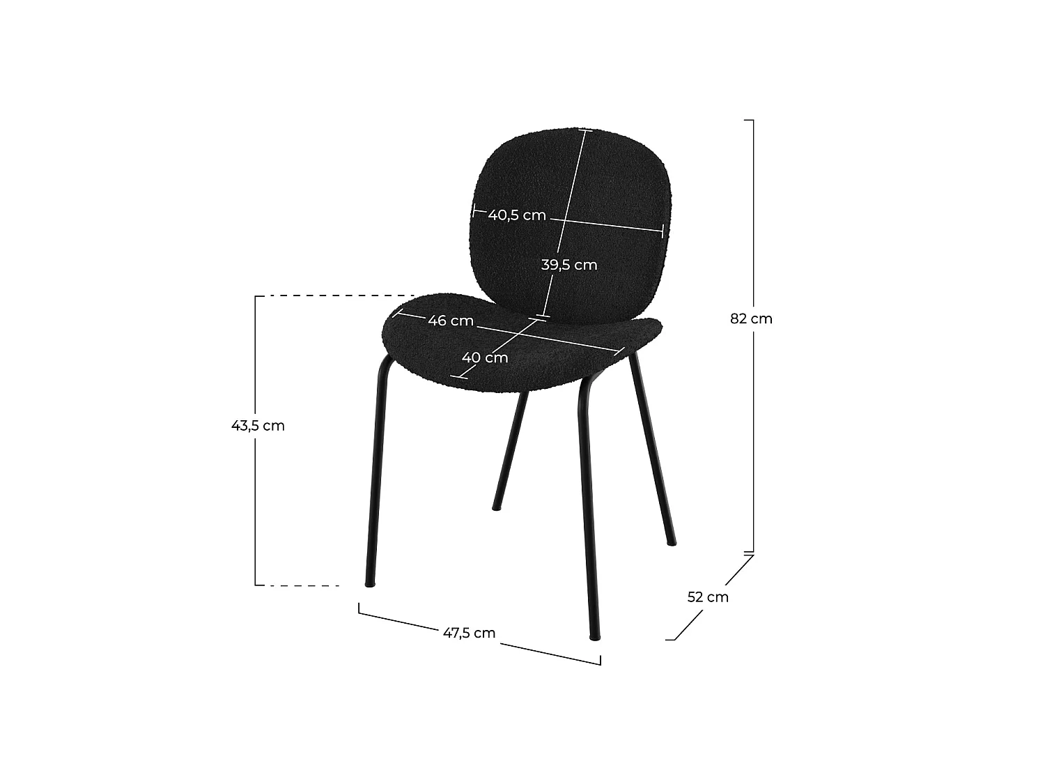 Lot de 2 chaises en tissu bouclé noir et pieds en métal noir - Iris