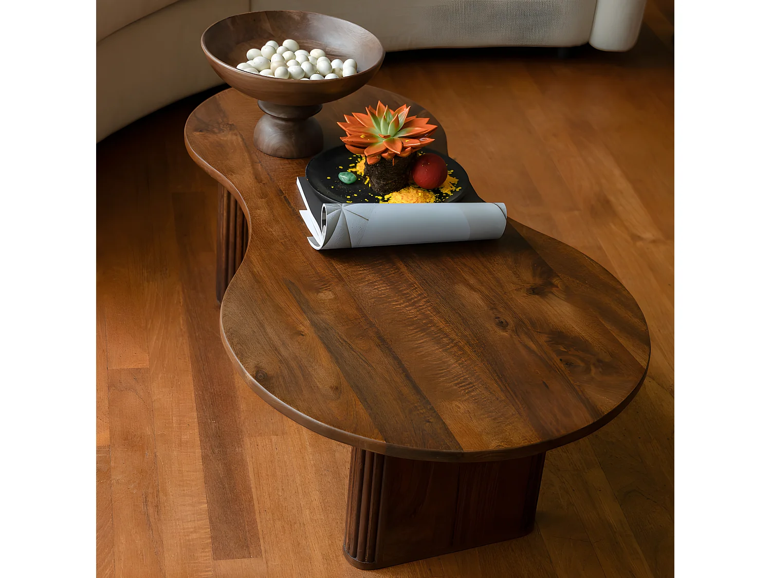 Tilon - Table basse organique en bois 110x60cm - Bois foncé