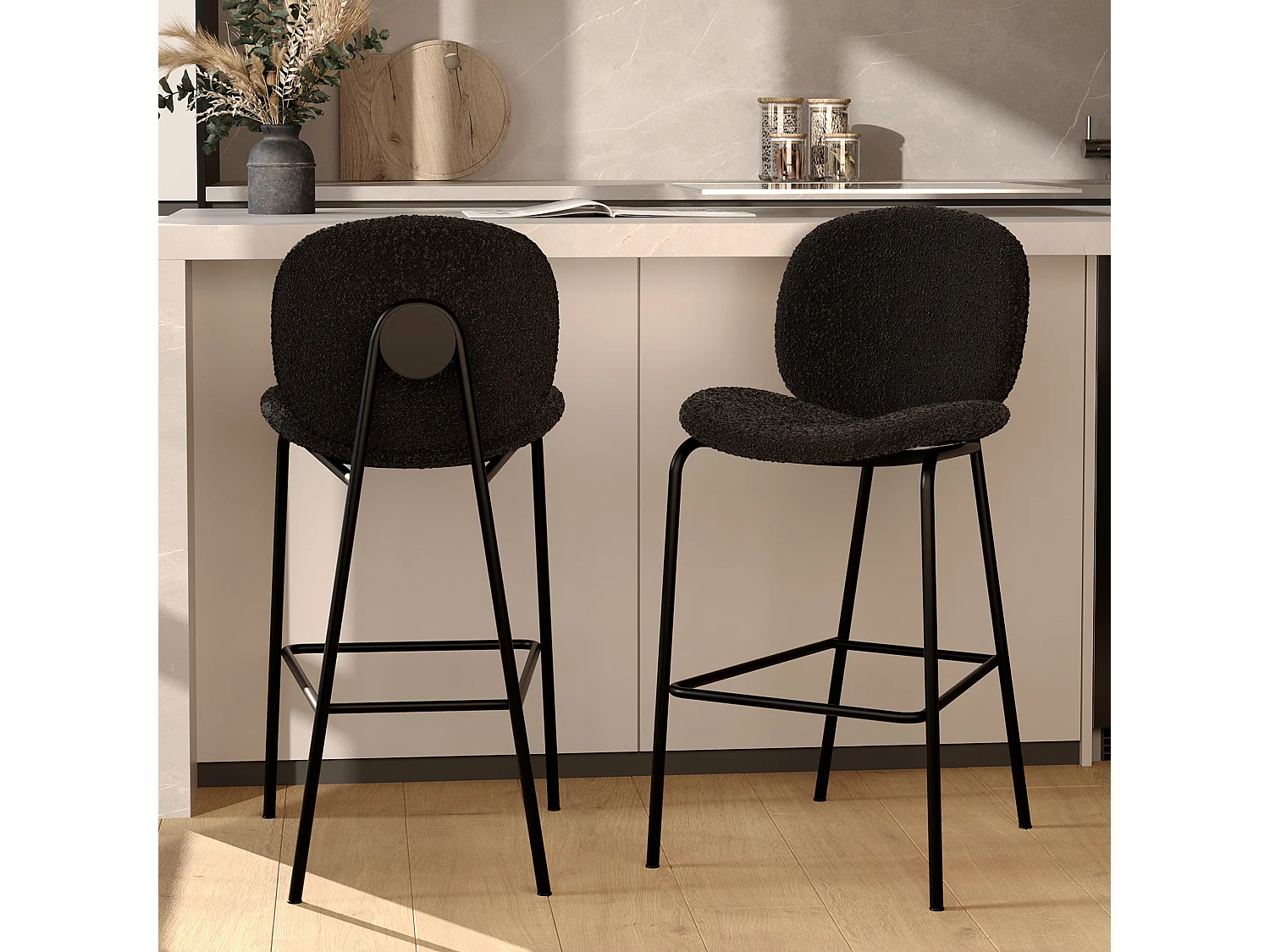 Lot de 2 chaises pour îlot central en tissu bouclé noir 63,5 cm - Iris