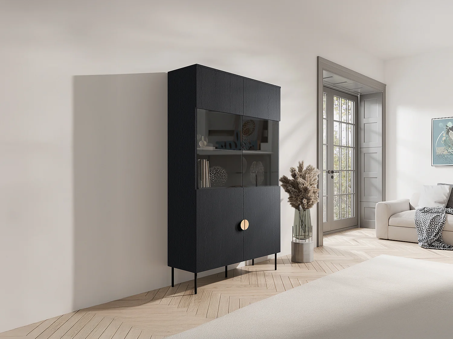 Vitrina 2 portas e 4 nichos com LEDs, preto e dourado - NATANIEL