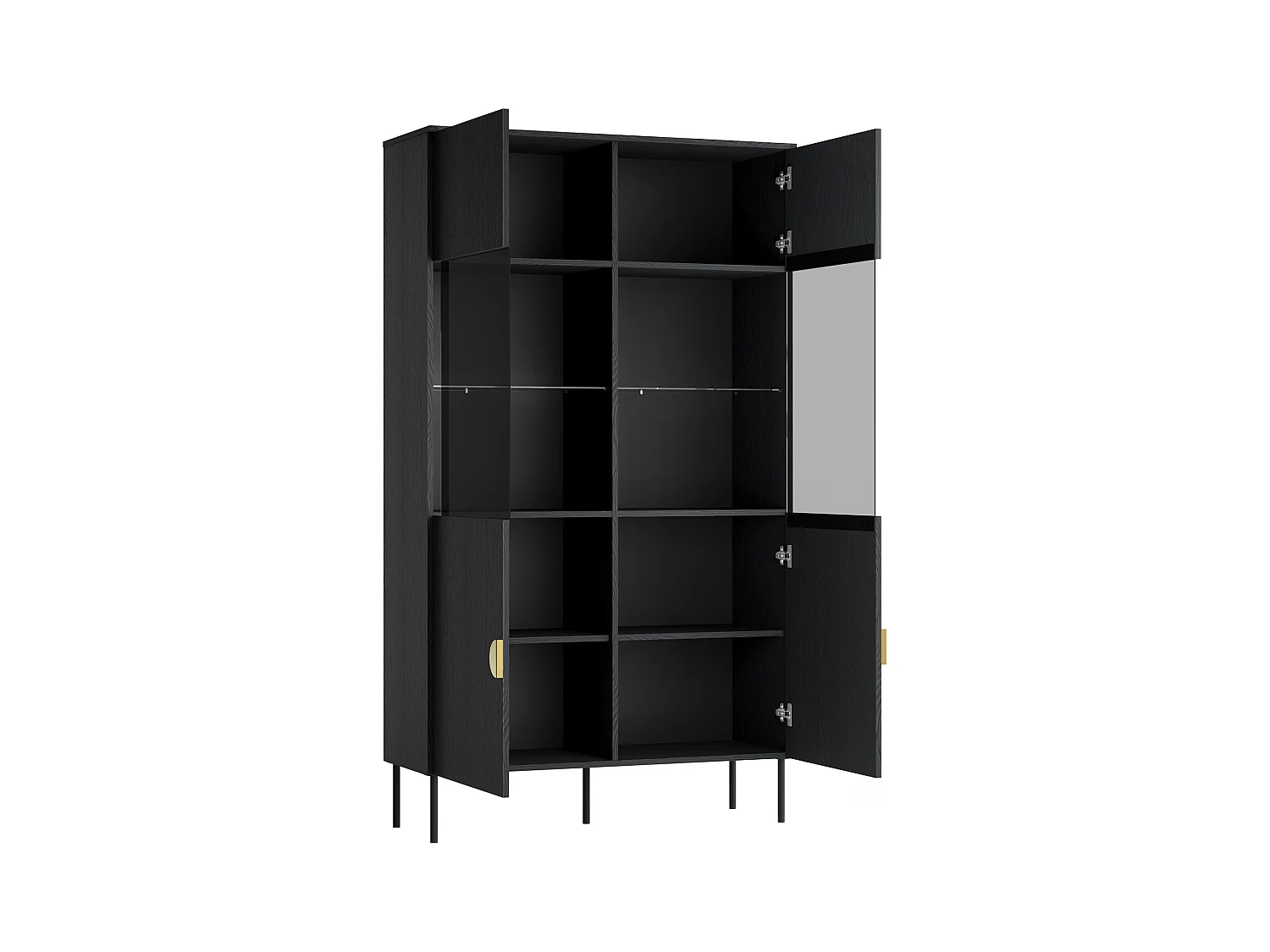 Vitrinekast met 2 deuren en 4 vakken met ledverlichting - Zwart en goudkleurig - NATANIEL
