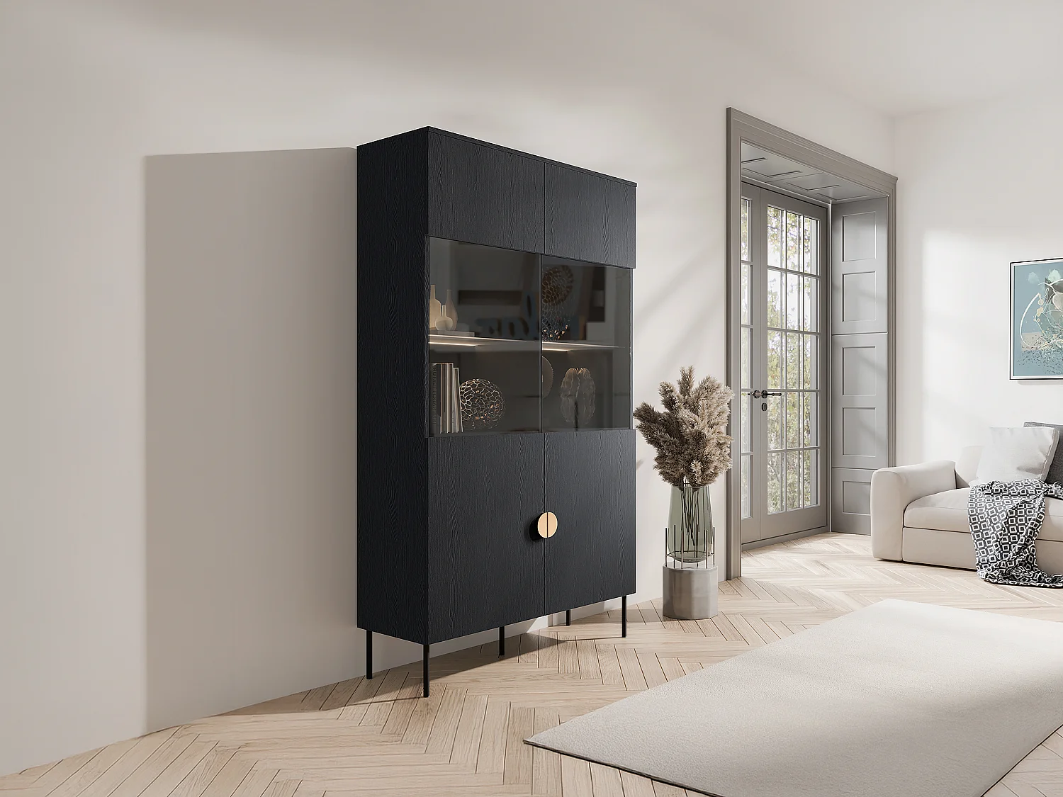 Vitrine 2 portes et 4 niches avec LEDs - Noir et doré - NATANIEL