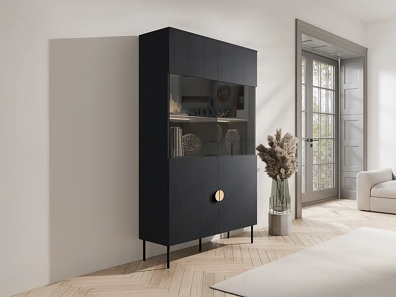 Vitrine 2 portes et 4 niches avec LEDs - Noir et doré - NATANIEL