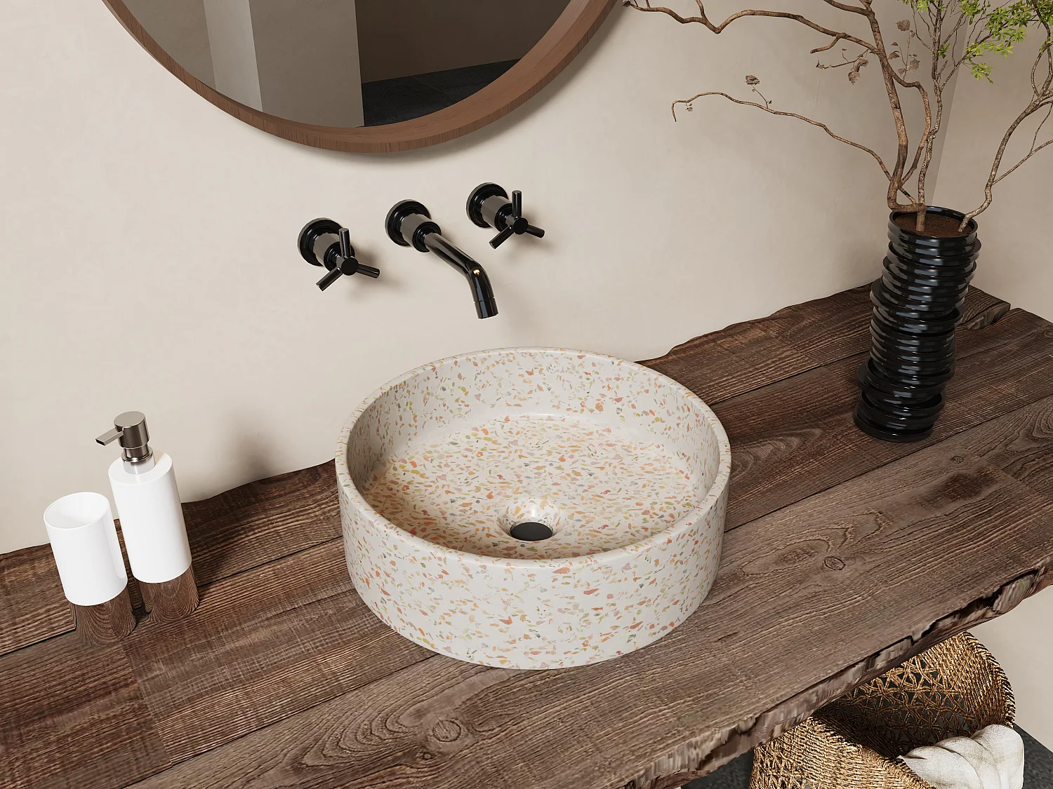 Ronde opbouwwastafel van roze terrazzo - 39 cm - DUKAT