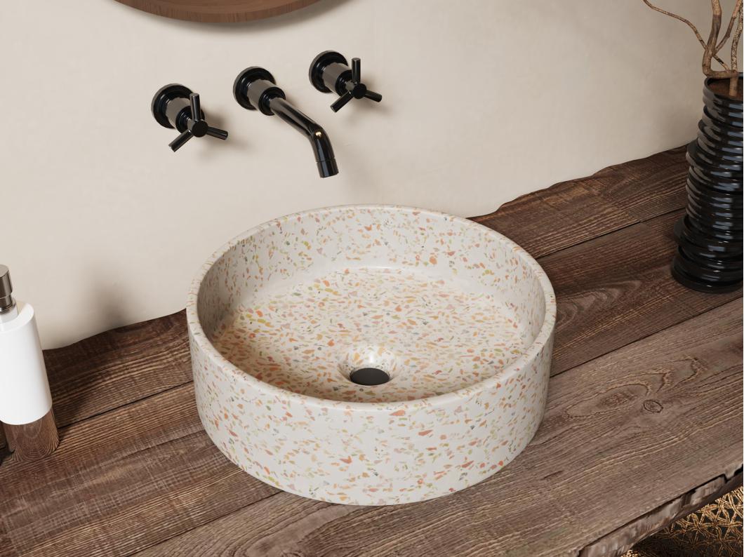 Umywalka okrągła nablatowa z różowego terazzo - 39 cm - DUKAT