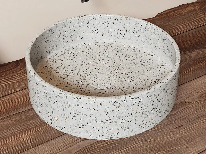 Vasque ronde à poser en terrazzo bleu avec bonde pop up - 39 cm - DUKAT