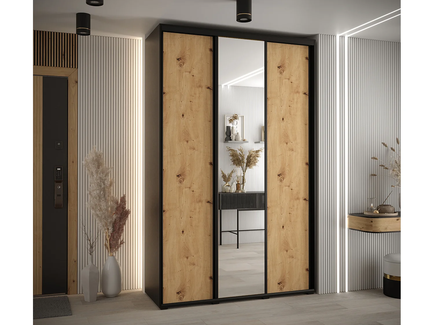 ARMOIRE DAVOS 3 À PORTES COULISSANTES 235,2/160/60 3 portes (Noir/Artisan/Noir)