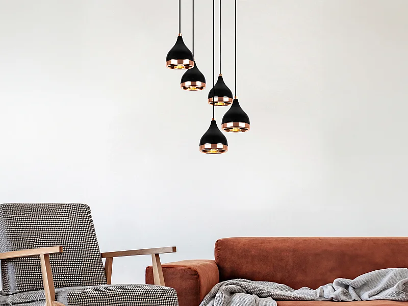 Hängeleuchte höhenverstellbar - Metall - 5 Schirme - 43 x 45/135 cm - Schwarz & Kupferfarben - YILDO