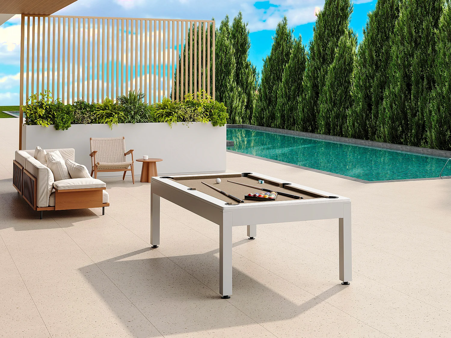 Biljart voor buiten, wit en taupegrijs met hoes - L213,4 x D121,1 x 79,7 cm - STAZIO