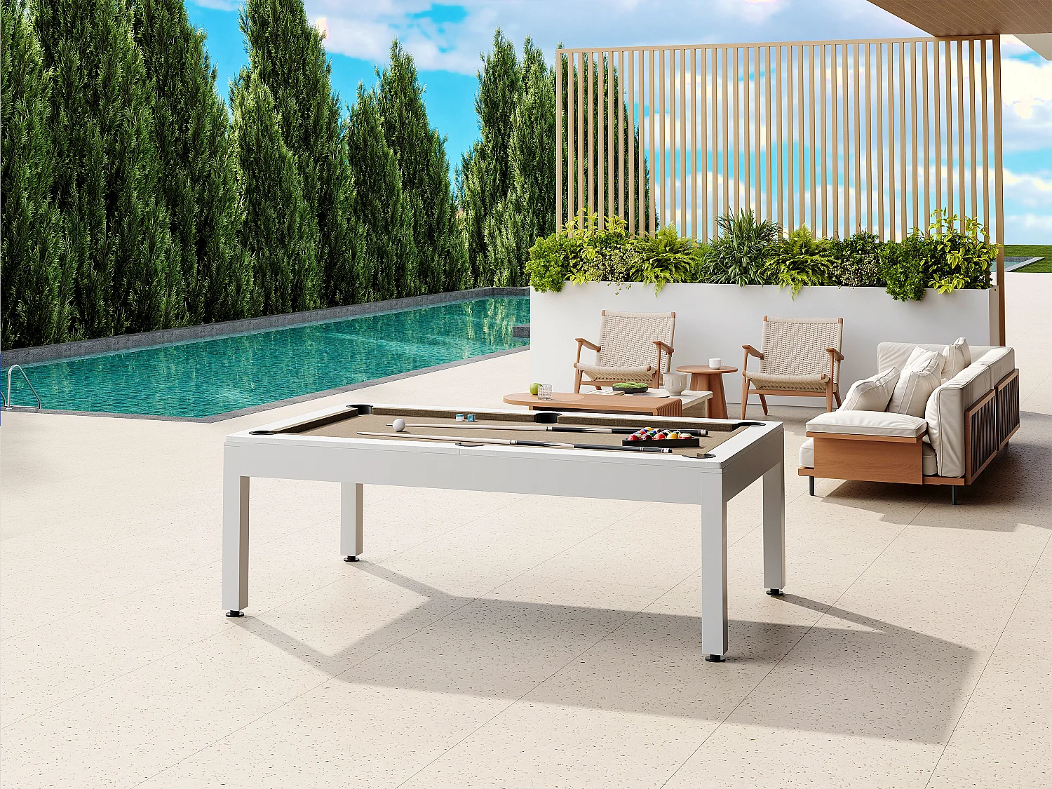 Biljart voor buiten, wit en taupegrijs met hoes - L213,4 x D121,1 x 79,7 cm - STAZIO