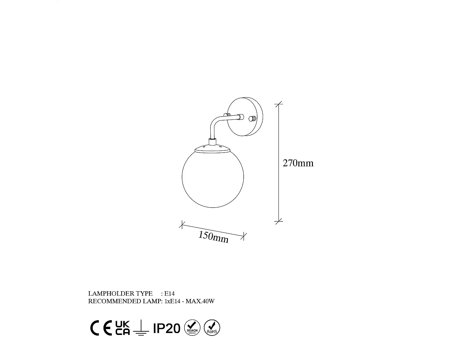 Applique murale en métal avec globe - D. 15 x 27 cm - Doré - BARLATI