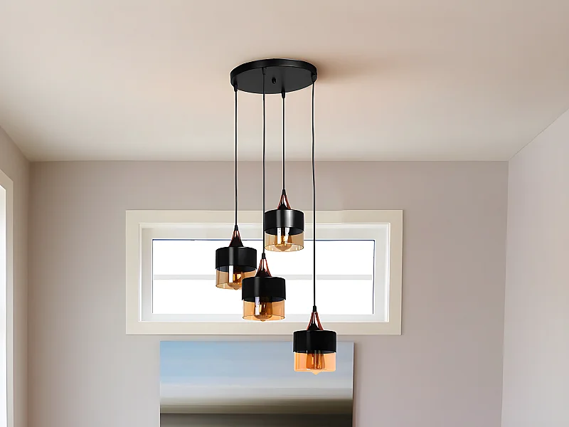 Lustre en métal 4 abat-jours -  D.30 x H.65 cm - Noir et verre ambré -  GARALI